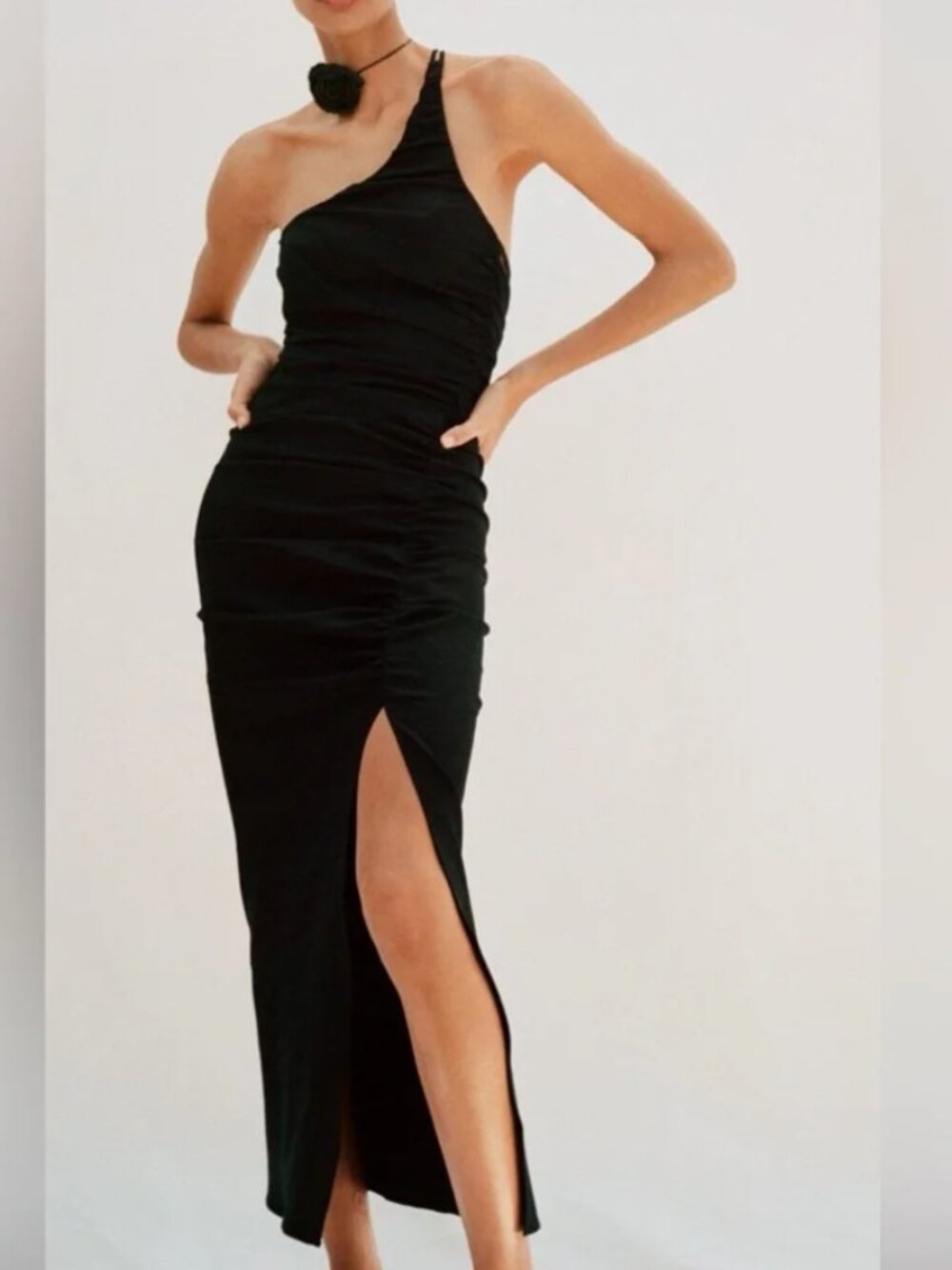 Zara Black Asymmetrical Linen Blend Midi Dress Size Large